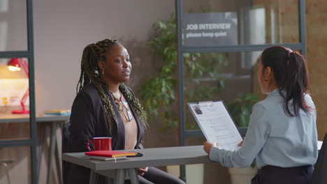 african american female candidate having job interview with hr manager