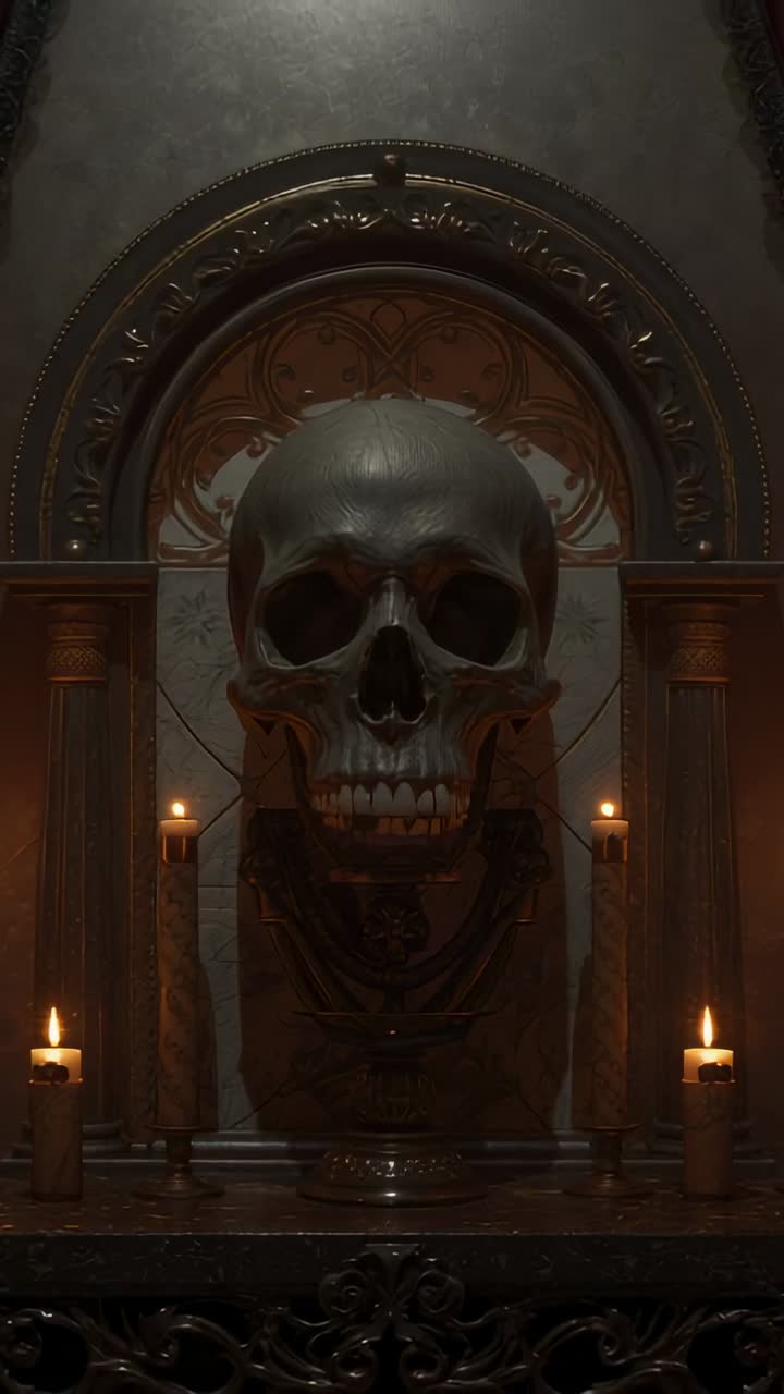 Vertical video: tilting camera revealing metallic skull on altar, showing carved arch with candles