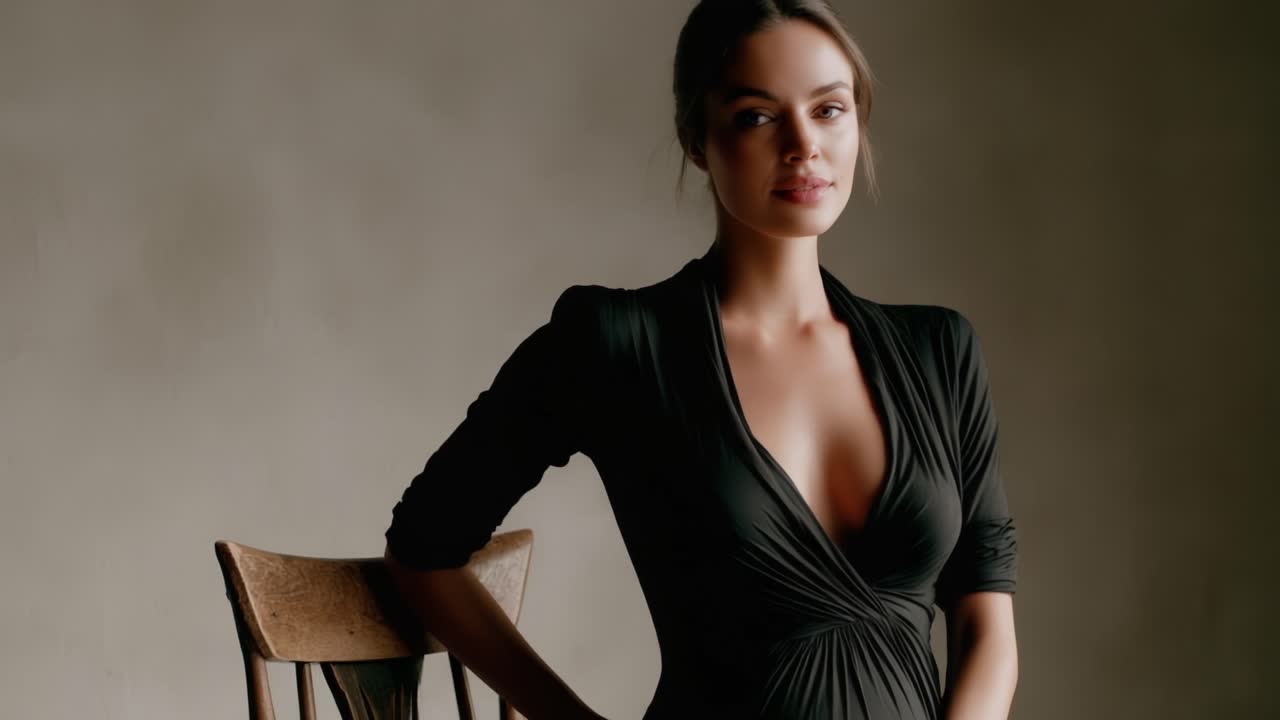A Beautiful Expecting Mother in Elegant Fashion Poses Gracefully with a Serene Expression, Capturing the Essence of Maternal Beauty and Anticipation