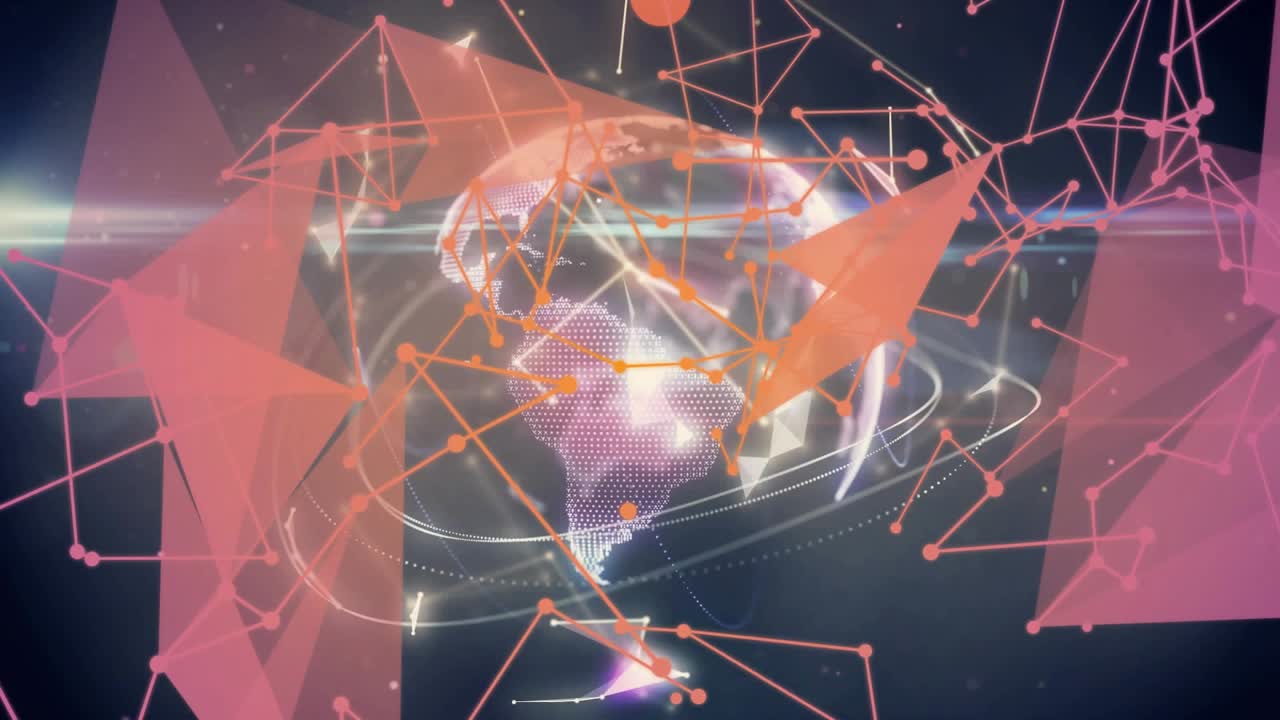 Light pulse sparking network and triangles forming and aligning revealing dotted globe showing data