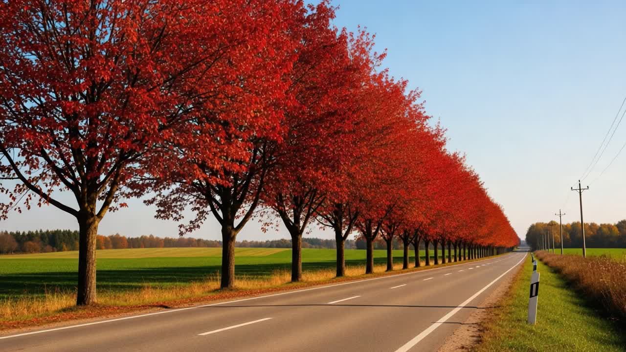 A Scenic Drive Through Vibrant Autumnal Trees Line the Path, Enveloped in A Stunning Landscape of Red Foliage and Green Fields Under Clear Skies
