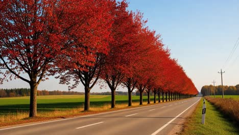 a scenic drive through vibrant autumnal trees line the path, enveloped in a stunning landscape of red foliage and green fields under clear skies