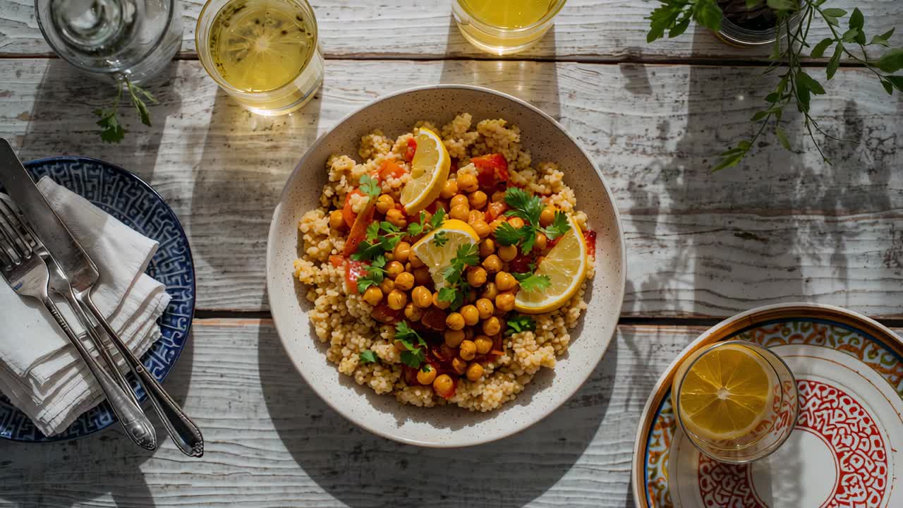 Telecamera in movimento che si avvicina a un tavolo illuminato dal sole, mostrando una ciotola di couscous con ceci e limone.