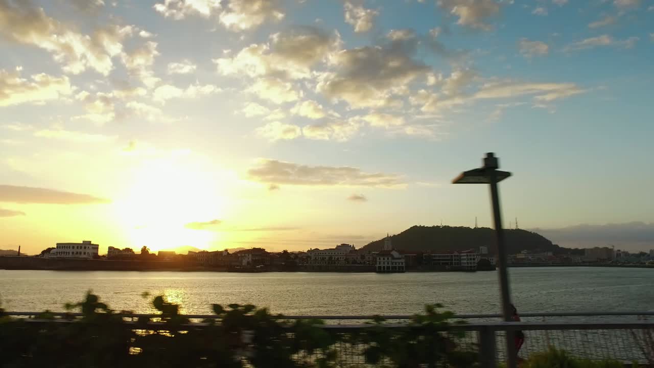 A panoramic view from a car of the old city of Panama known as Casco Viejo