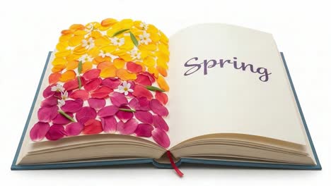 a vibrant celebration of spring: an artistic display of colorful flower petals engagingly laid over the pages of a book, invoking the beauty of nature's renewal