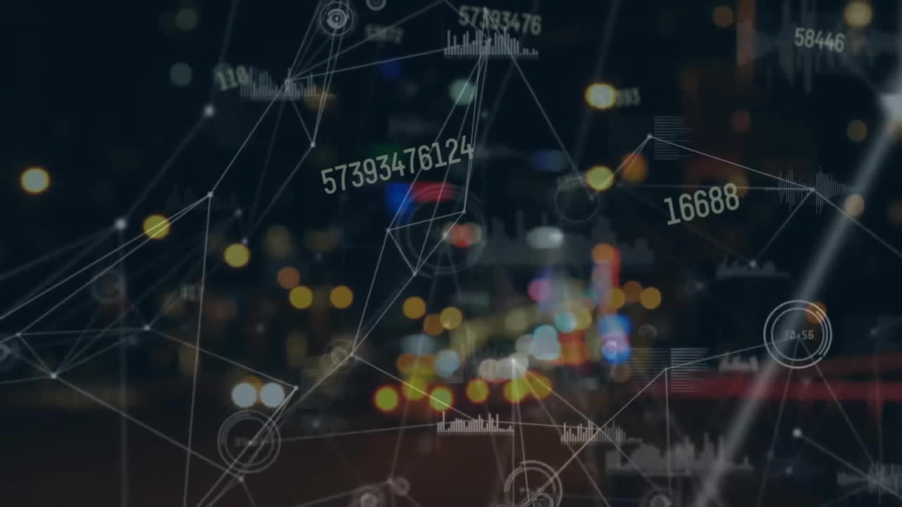 야간 도시에서 데이터 처리와 함께 연결 네트워크의 애니메이션