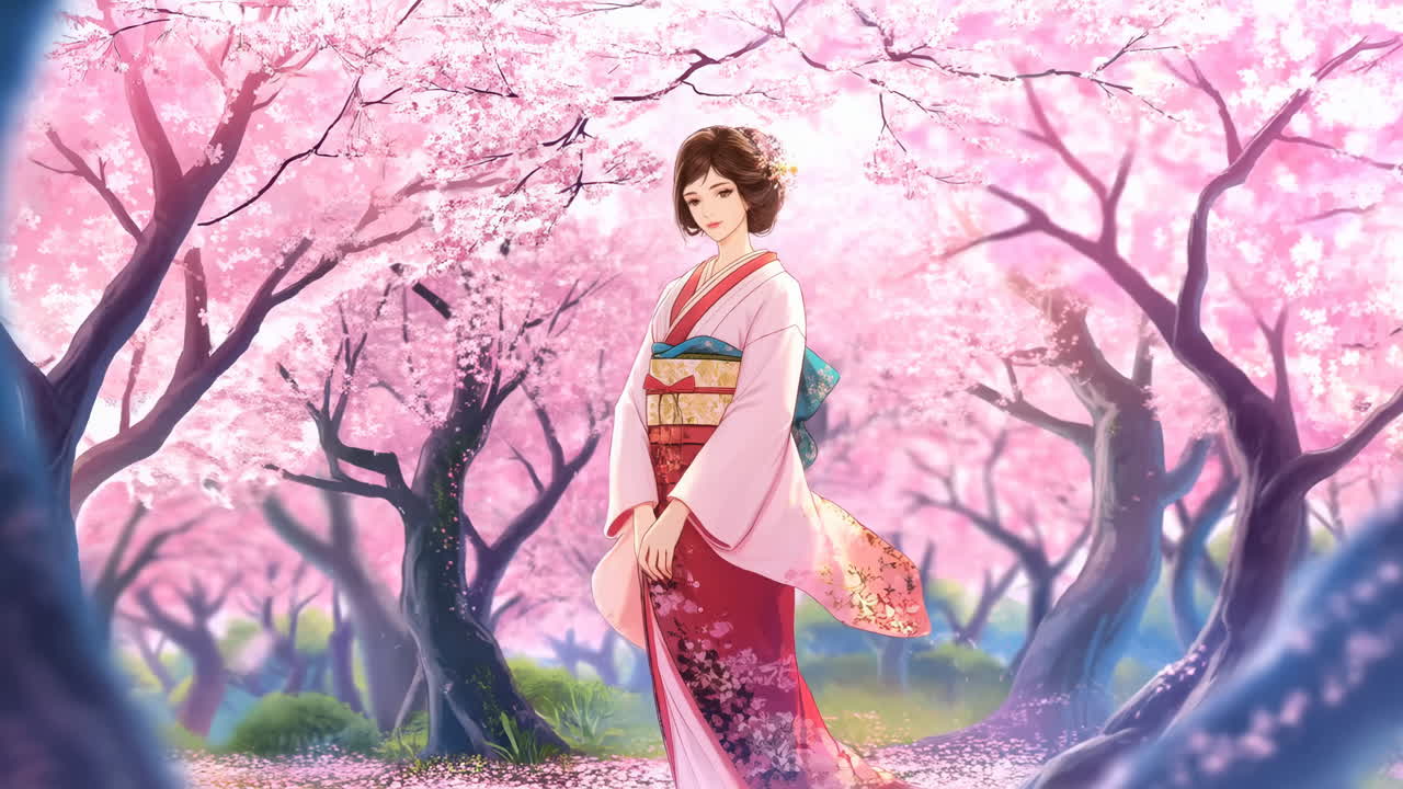 Donna animata in kimono in piedi in una foresta di fiori di ciliegio