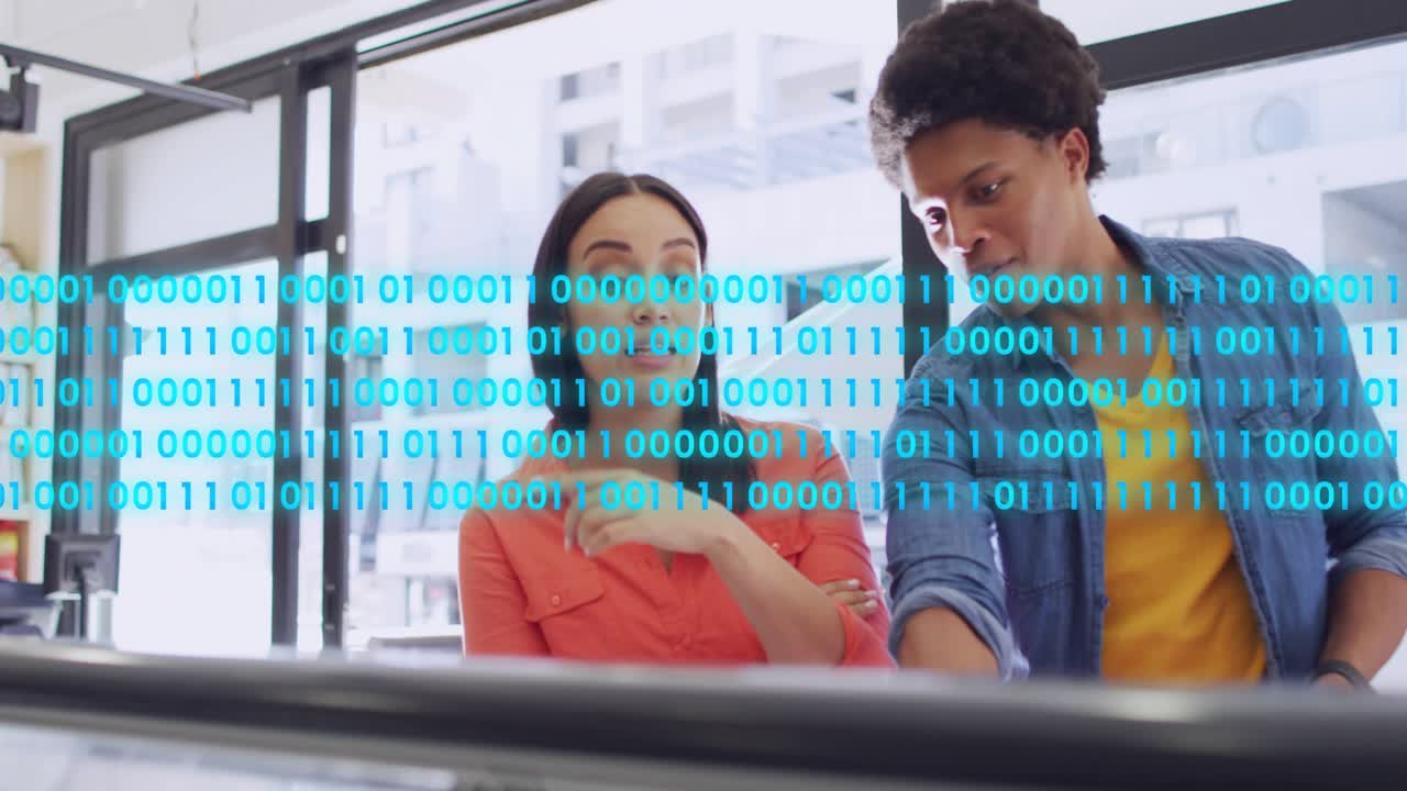 Camera lifting, pair peering, deciding over glass food case with red basket, binary overlay growing