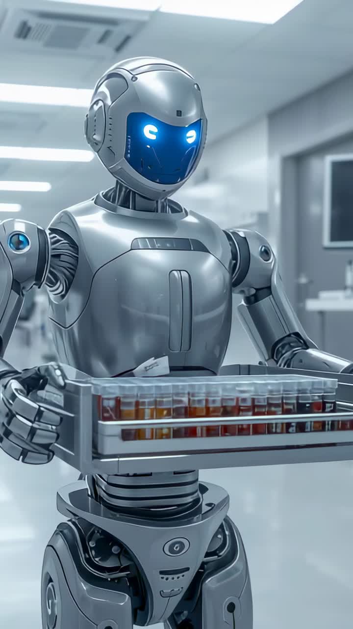 Video verticale: un robot argentato che sistema un vassoio di metallo con delle fiale, mentre si sposta in un laboratorio per dei test