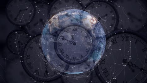 animación de redes de conexiones y globo sobre múltiples relojes moviéndose rápidamente