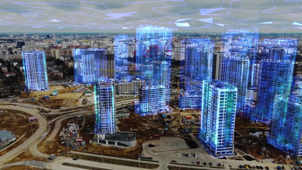 Aerial View of Construction Site with Digital Building Holograms