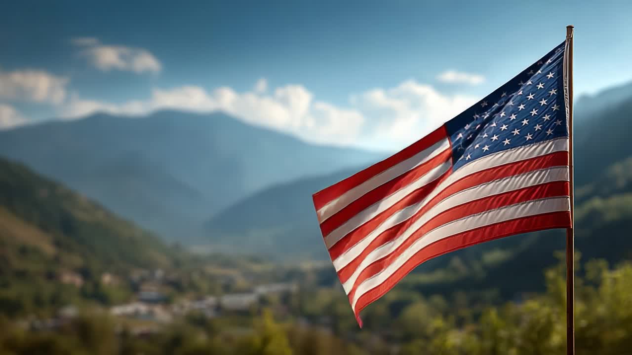 Una vista accattivante della bandiera americana che sventola fieramente contro uno sfondo montuoso panoramico, a simboleggiare la libertà e l'orgoglio nazionale.