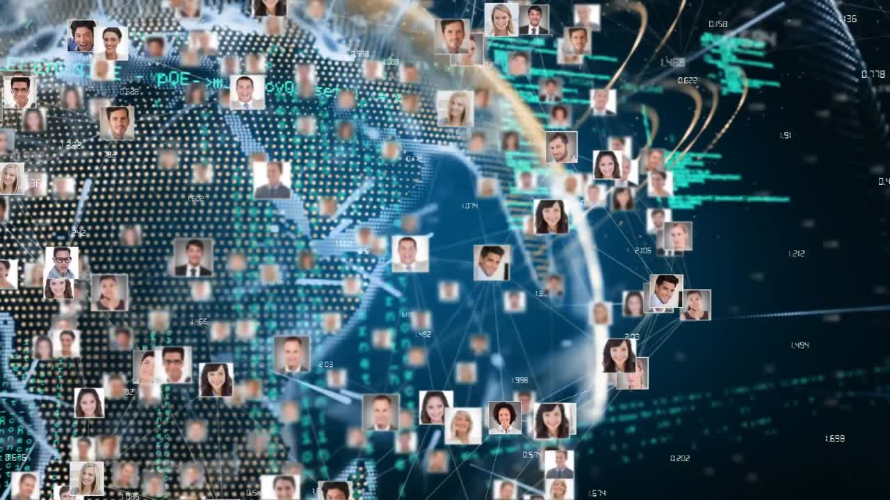 Animation of globe with network of connections and people's photos