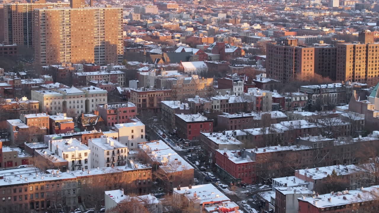 Aerial view of Clinton Hill, Brooklyn on a winter day.