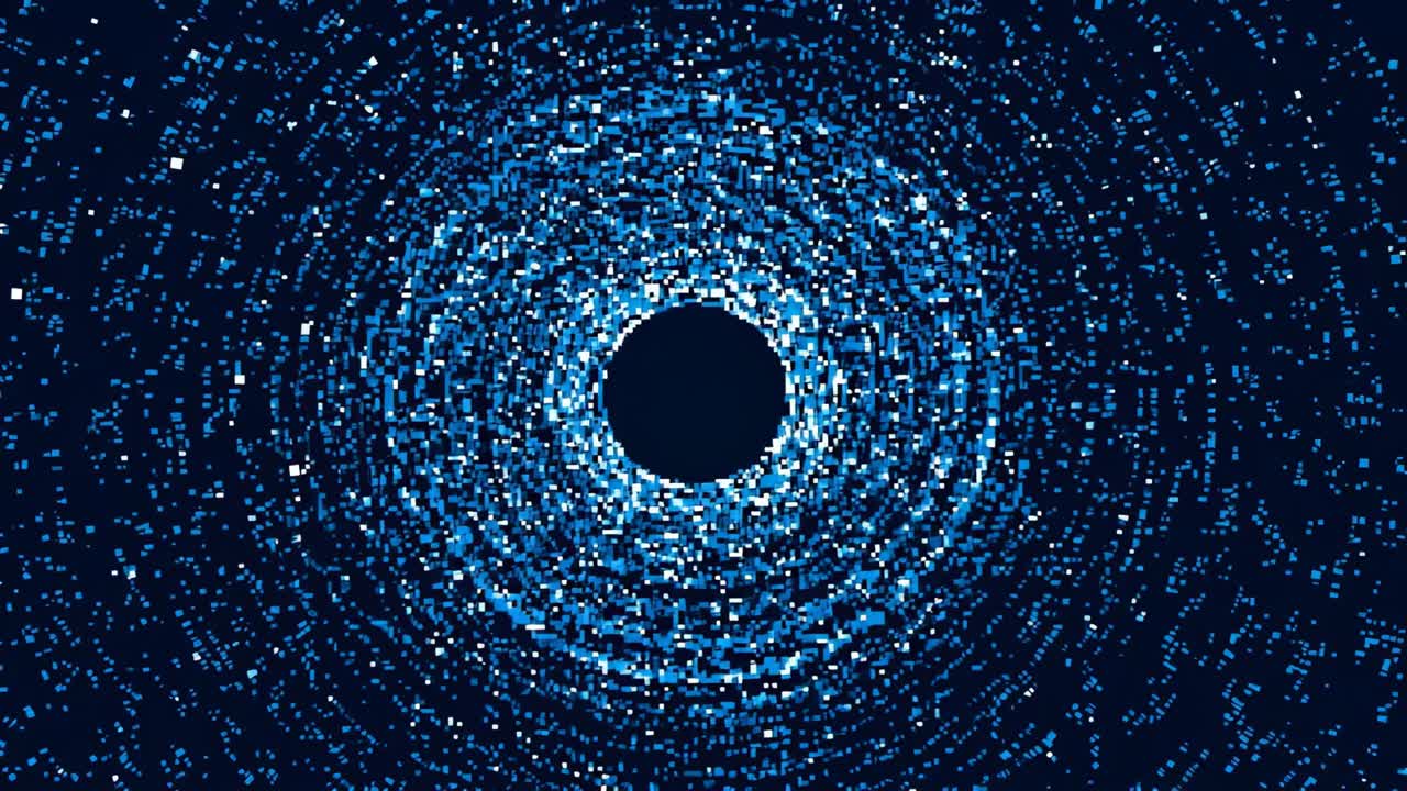 Starting with central void, concentric blue particle rings pulsing, rotating, shifting in navy