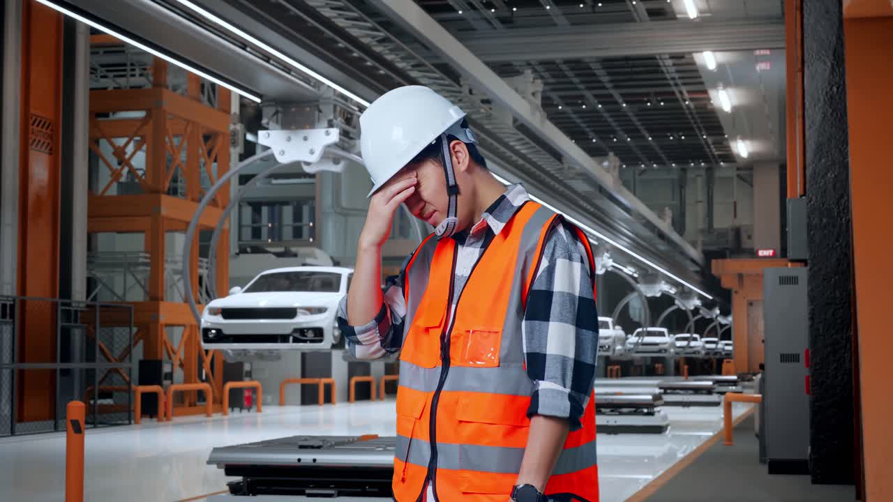안전 헬을 입은 아시아 남성 엔지니어가 ev 자동차 공장에서 일하면서 두통을 고 있습니다.
