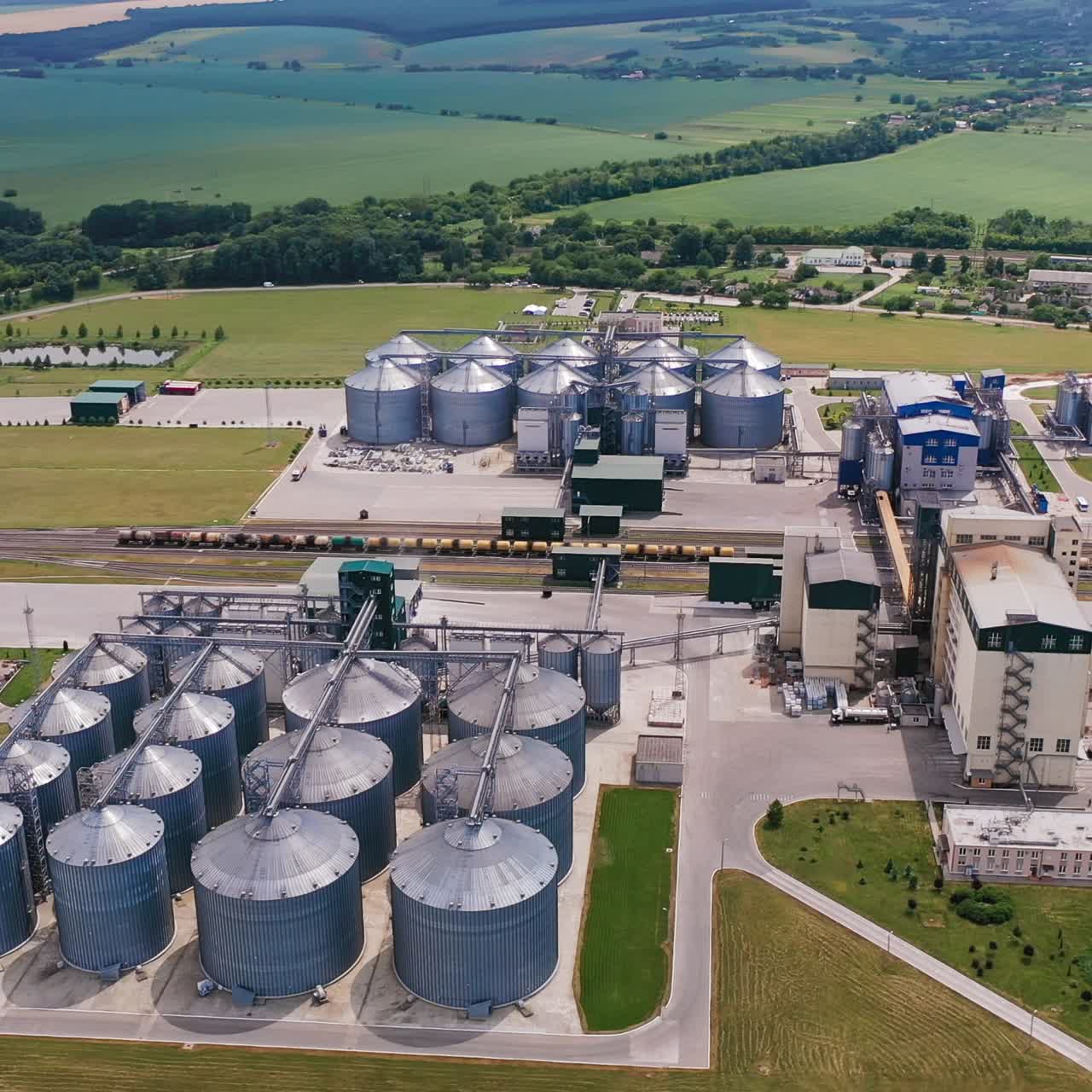Aerial view of grain elevator storages. Granary farming storage exterior