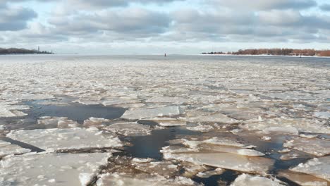 beautiful panoramic fly over view of large cracked ice floes floating in the sea