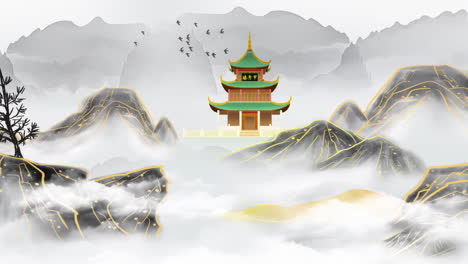 Digital-art-ancient-landscape-Painting-Traditional-Ink-Style-of-beautiful-morning-sky,-mountains,-flowers,-lake,-temple