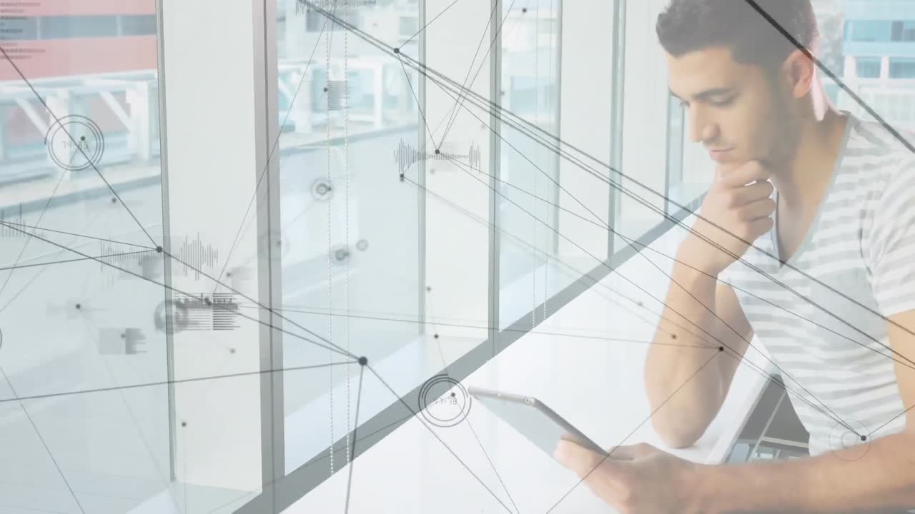 animación de la red de conexiones sobre el hombre usando tableta