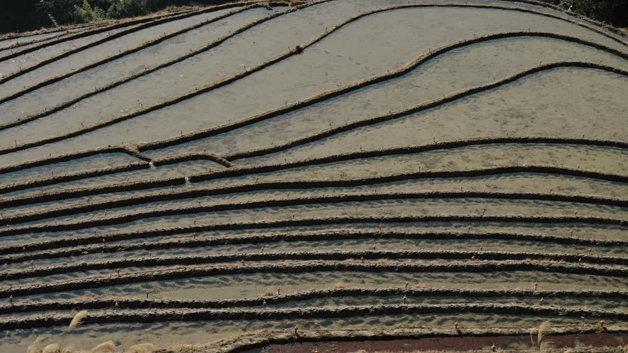 Flooded terraces form textured horizontal layers of soil and water in Longsheng, China