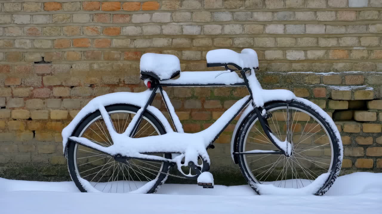 Bicycle Covered in Snow Against a Brick Wall