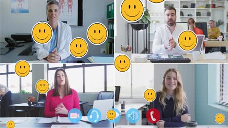 Emojis-De-Múltiples-Caras-Flotando-Contra-La-Interfaz-Digital-En-La-Pantalla-Con-Personas-Hablando-En-Videollamada