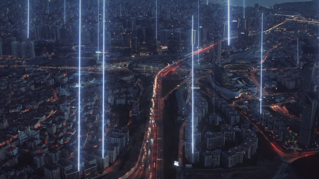 Traffic and Technology Network rays on city background - 3d render animation