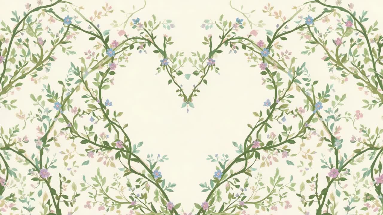 Ghirlanda a forma di cuore centrale ad anello con viticci verdi intrecciati e fiori color pastello su sfondo crema