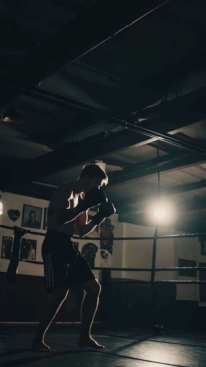 Hombre entrenando boxeo en el gimnasio por la noche