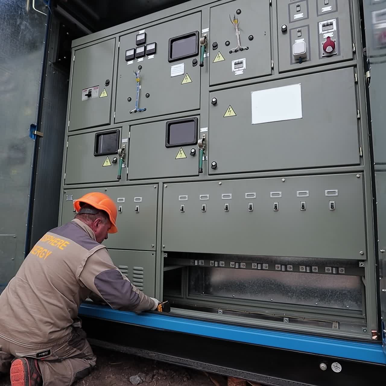 Uniformed man in hard hat kneeled at the apparatuses in booth. Handyman using screwdriver at work