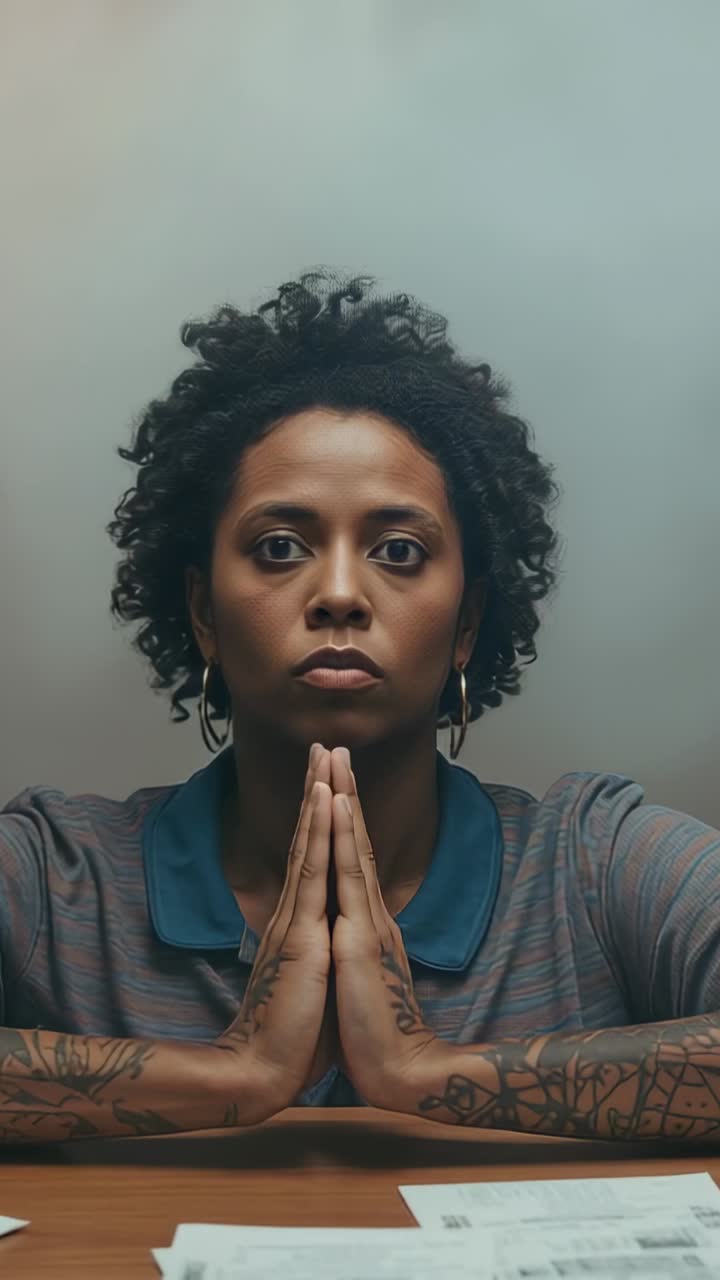Vertical video: Raising arms woman pressing palms on office desk with papers, pen as camera zooming