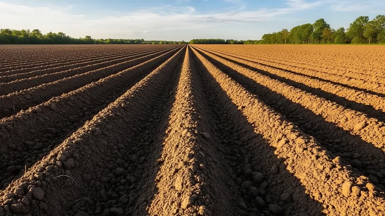 A Serene Landscape Captured from Two Different Perspectives: A Vast Agricultural Field with Symmetrical Rows of Cultivated Soil Bathed in Beautiful Natural Light