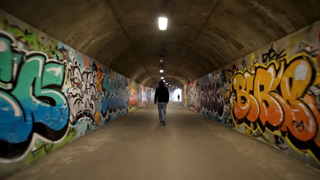 Person Walking Through Graffiti Tunnel