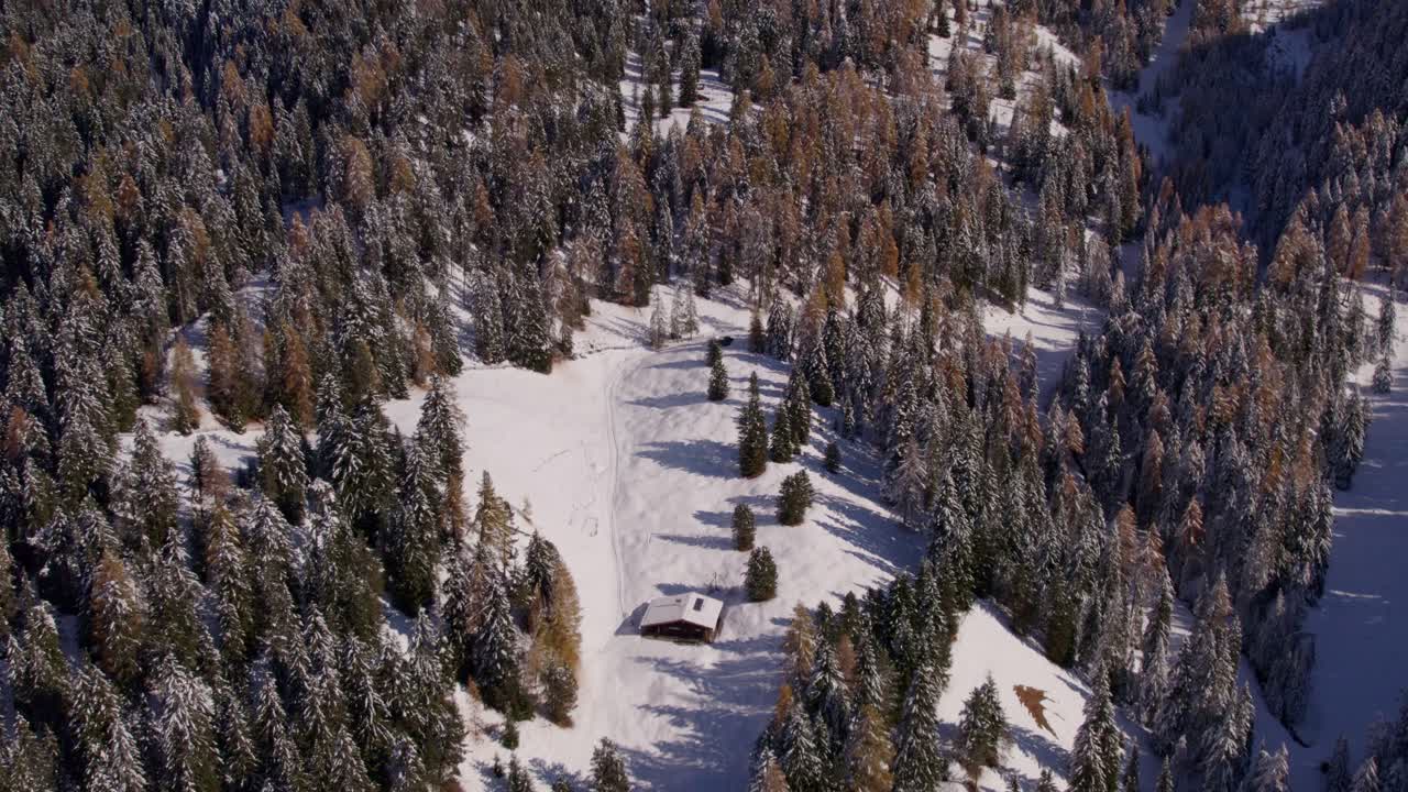 Foresta invernale con baite incastonate nelle Dolomiti, Ortisei, Italia
