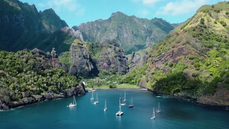 Timelapse-of-Clouds-Moving-and-Light-Changing-over-Tropical-Green-Mountains-in-Bay-of-Virgins-Fatu-Hiva-Island-Marquesas-French-Polynesia-in-South-Pacific-Ocean