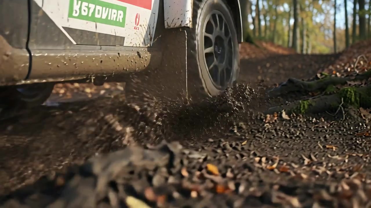 Spinning rally car rear wheel digging into wet forest trail after driver accelerating, flinging mud
