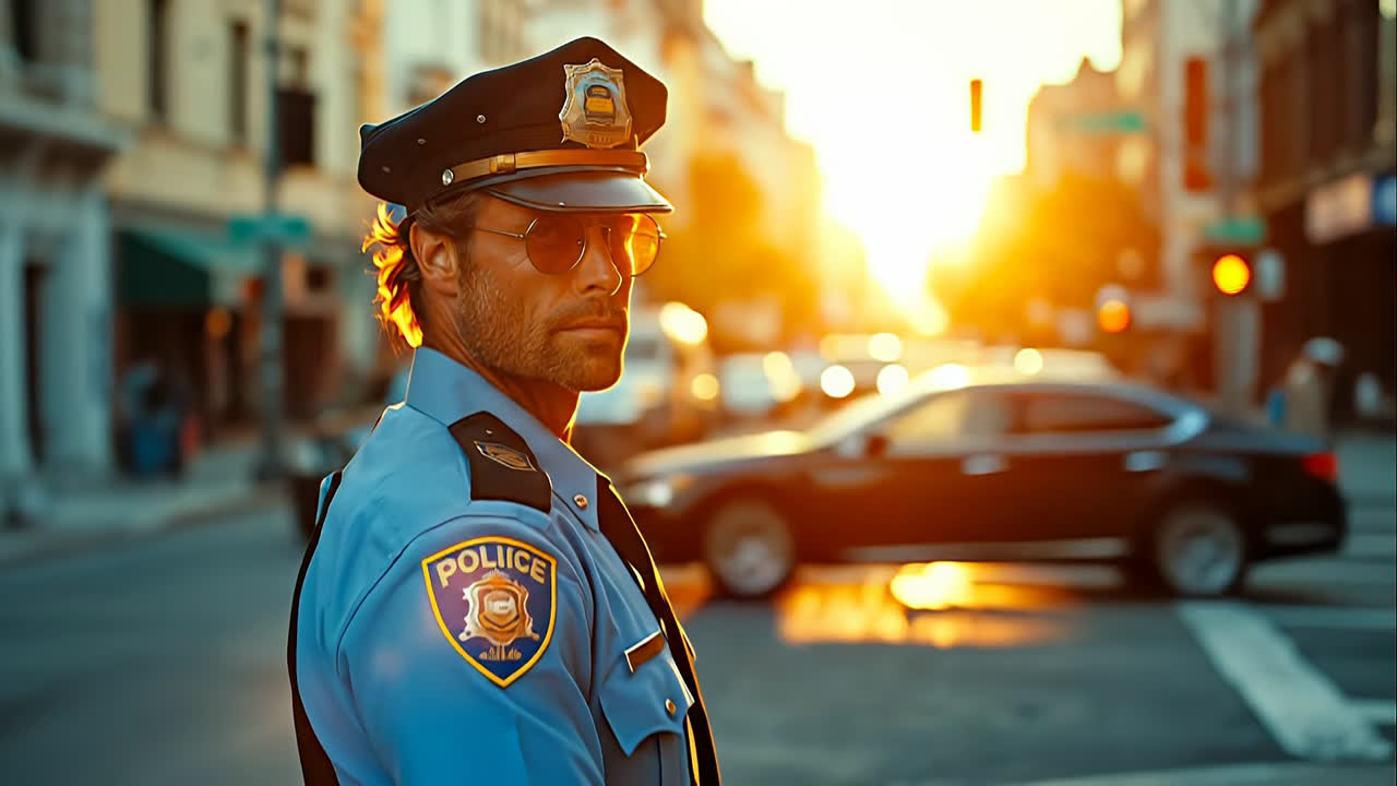 Betjent på gaden ved solnedgang. En politibetjent står på en gade i byen, mens solen går ned bag bygningerne. Biler er parkeret langs vejen