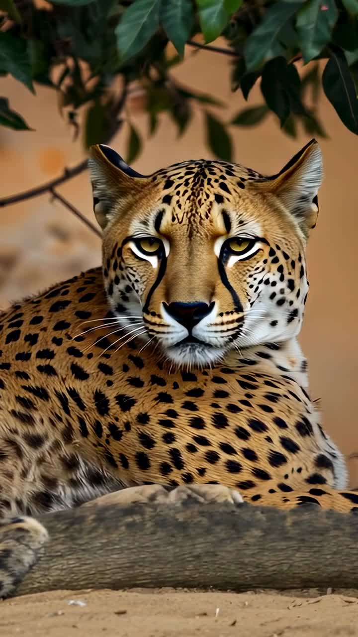 Vertical video: Lifting head, adult cheetah shifting gaze on sandy rock ledge hearing rustle
