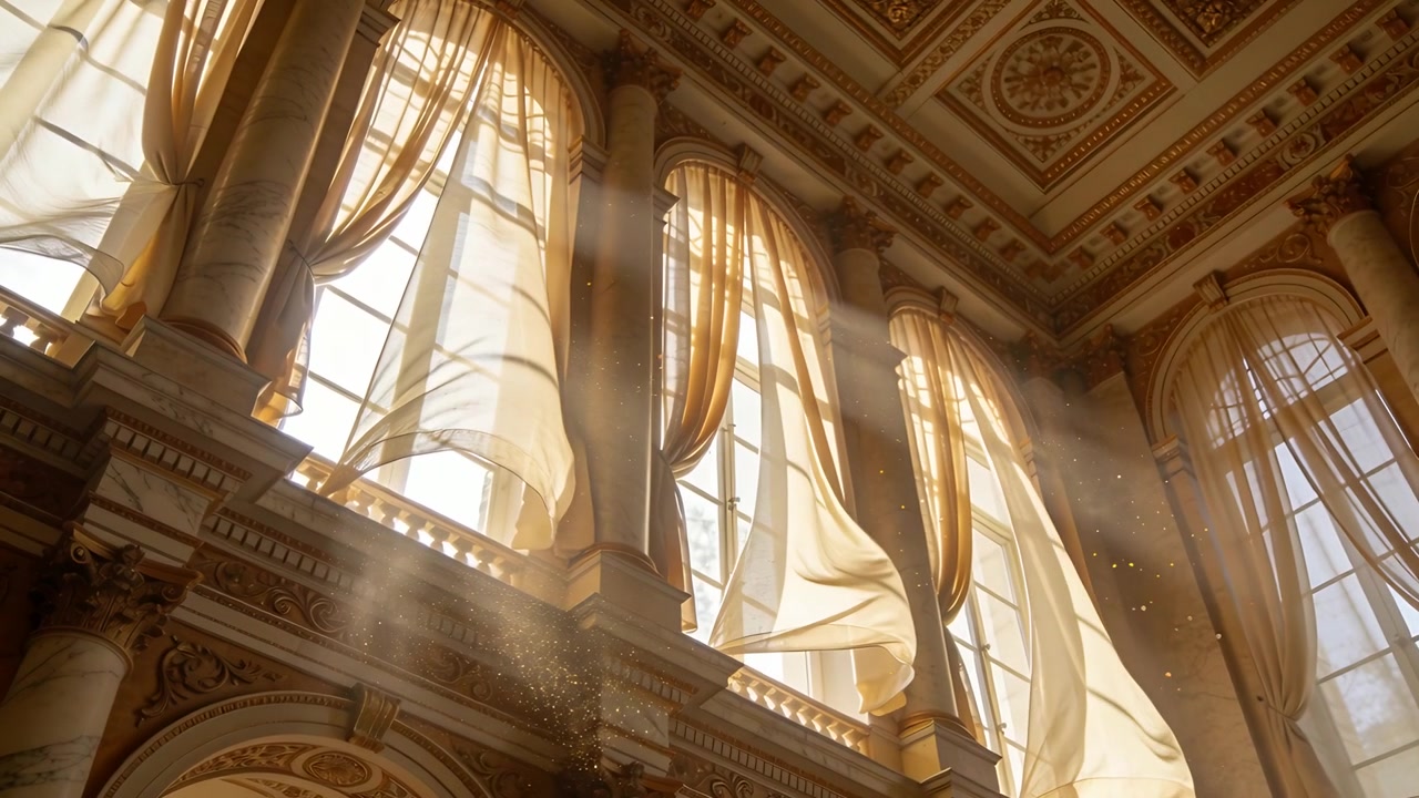 Cortinas transparentes esvoaçantes sob um fluxo de ar suave, mostrando raios de luz em janelas em arco, iluminando a poeira no corredor.