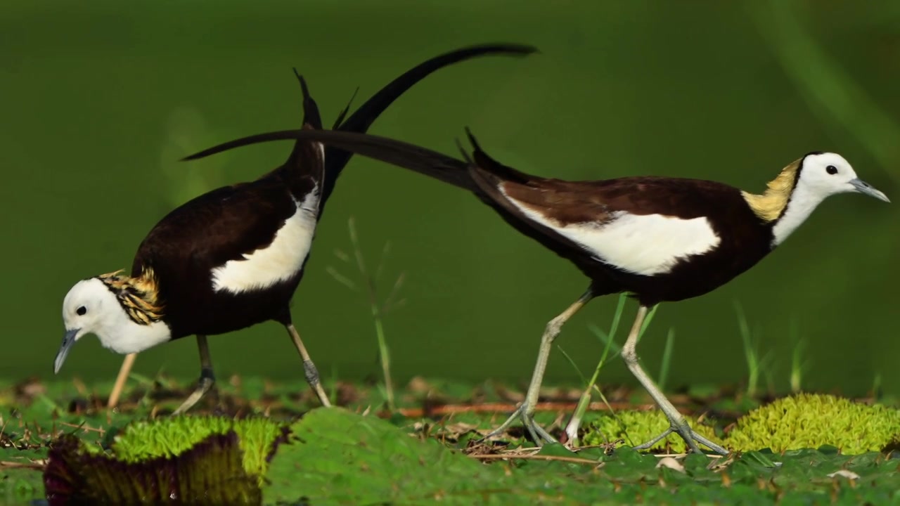 This cinematic wildlife visual captures two elegant wading birds in striking summer plumage feeding peacefully over floating aquatic vegetation.