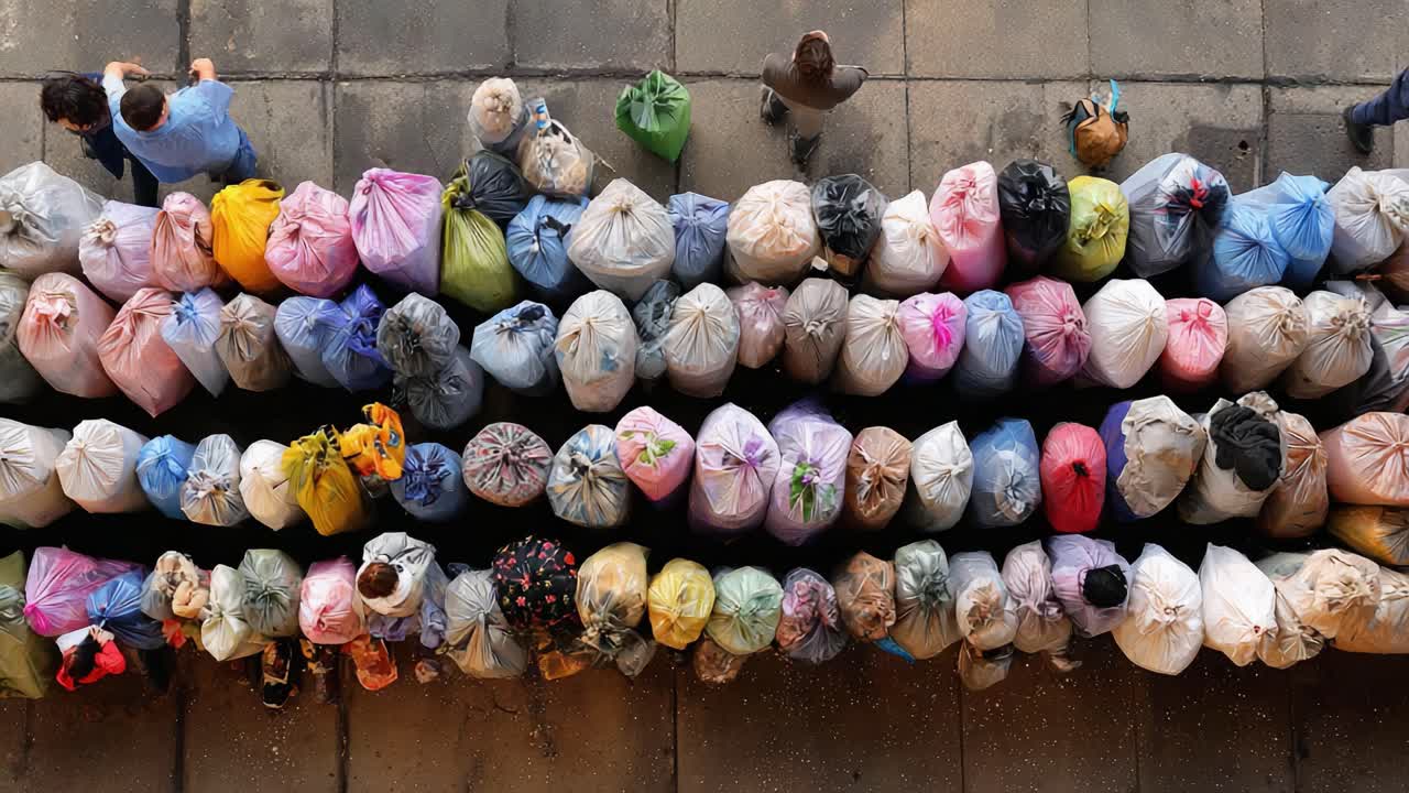 An Aerial View of Colorful Waste Bags Lined Up on a Pavement, Highlighting the Importance of Waste Management and Recycling Practices in Urban Areas