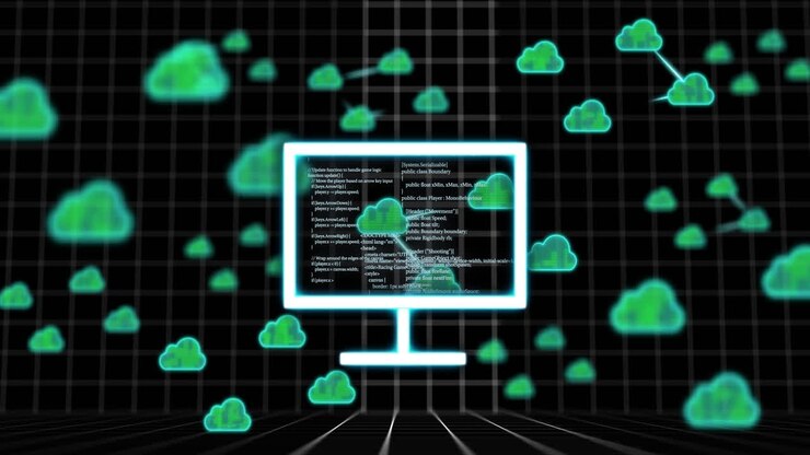 Dataskjerm med kode omgitt av skyikoner, animasjon av databehandling
