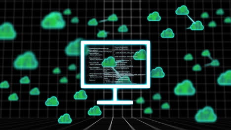 computer screen with code surrounded by cloud icons, data processing animation