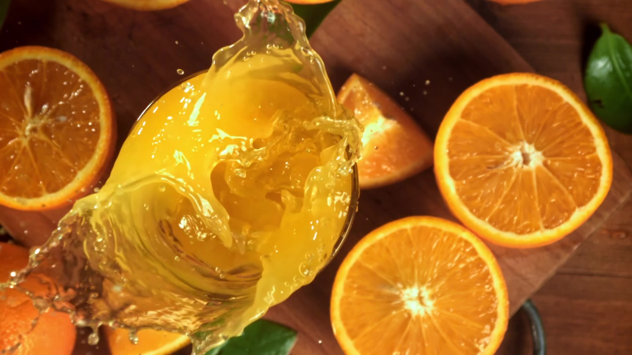 Sett ovenfra av isbiter som plasker i fersk appelsinjuice