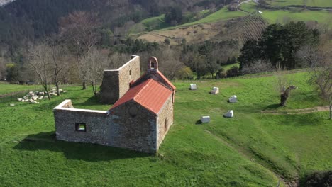 Aerial-drone-view-of-a-hermitage-next-to-the-Cantabrian-Sea-in-Deba-in-the-Basque-Country