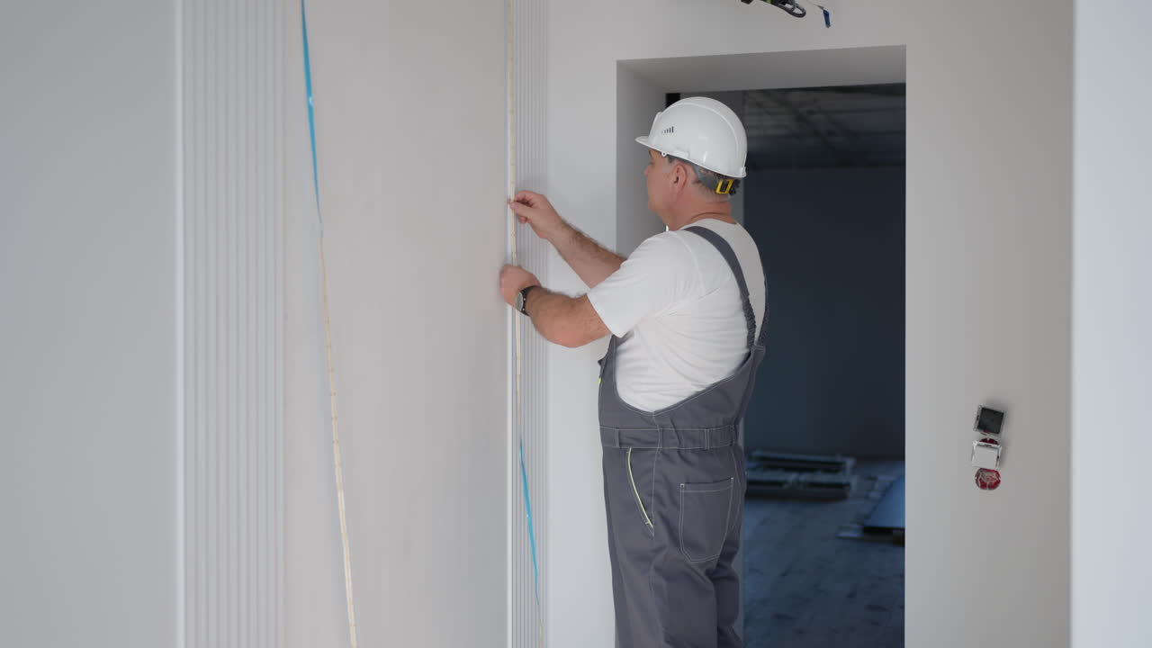 A male electrician installs an LED strip to illuminate the walls in the smart home system. Installation Check Lighting
