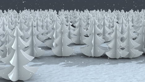 Snow falling over multiple trees on winter landscape against grey background