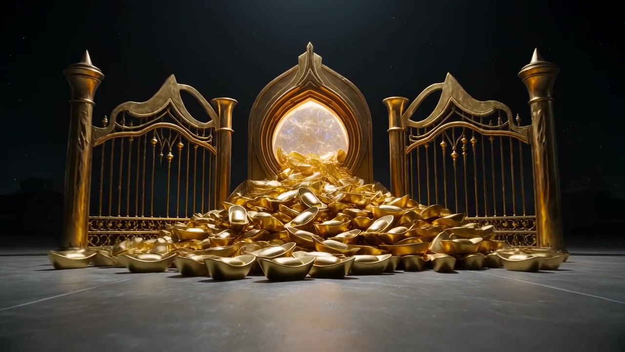 Portale luminoso che riversa lingotti d'oro lucenti, un cumulo si forma davanti a cancelli dorati e ornati.
