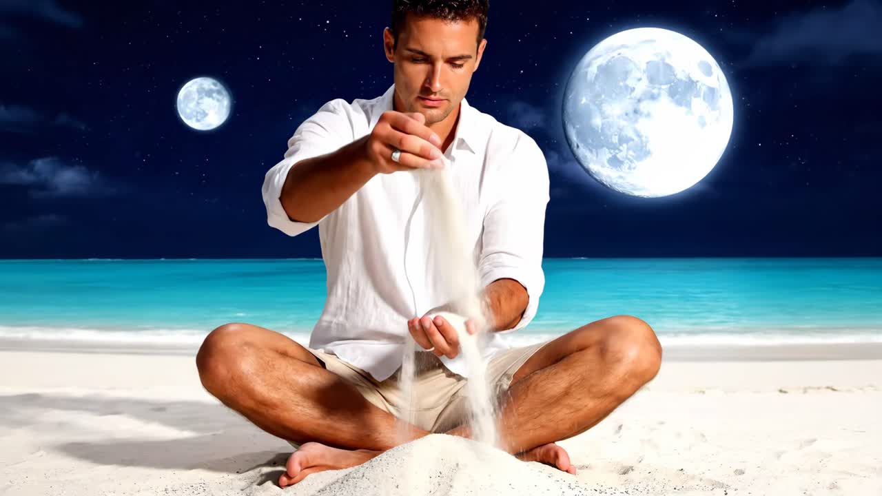 Man Meditating on Beach at Night with Moon
